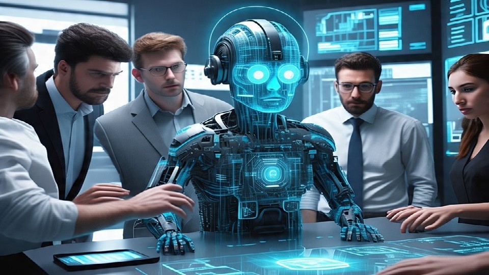 Business professionals collaborating around table with AI technology visualization